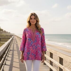 NWT Lilly‎ Pulitzer Renato Silk Tunic Coco Coral Crab Dinner Tu Resortwear